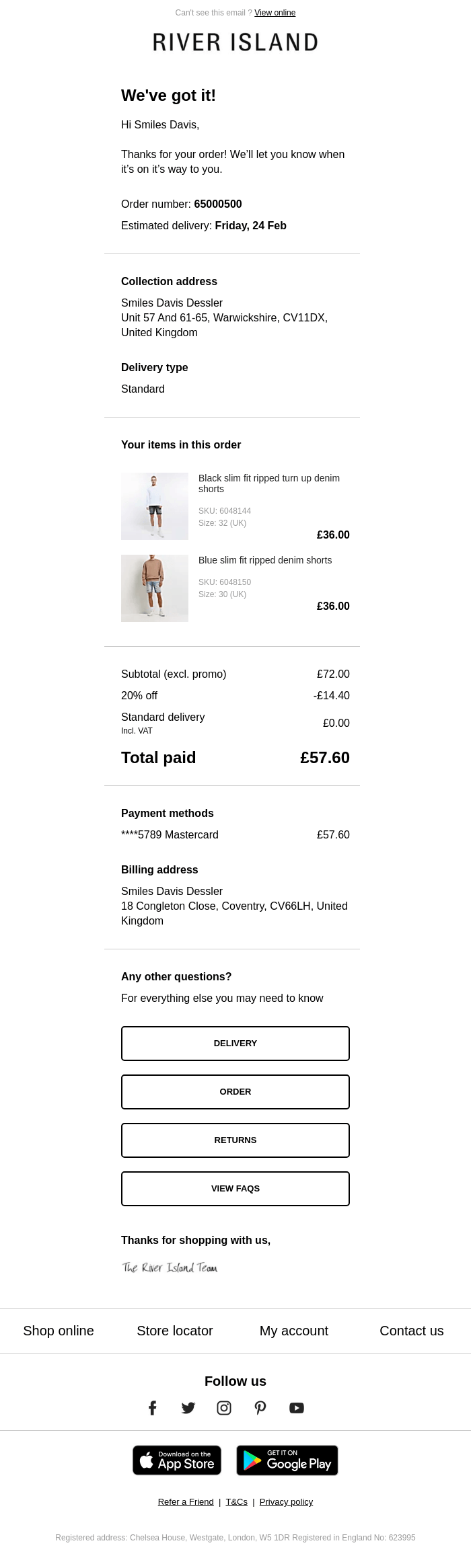 River Island order confirmation email example showing simple design with order details, billing address, delivery date, and helpful resource links